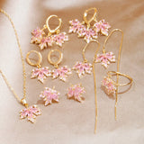 Pink Crystal Maple Leaf Stud Earrings and Jewelry Set
