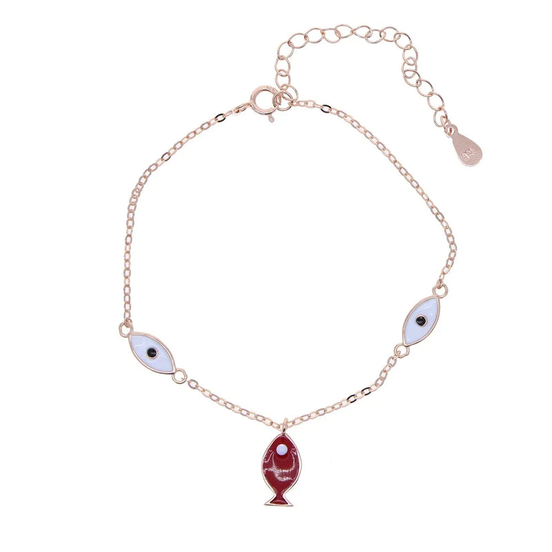 Dainty Lucky Red Koi Fish Link Chain Bracelet 100% 925 Sterling Silver Evil Eye