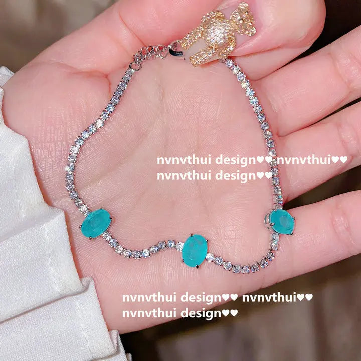 Paraiba Tourmaline 925 Silver Tennis Bracelet Vintage Jewelry