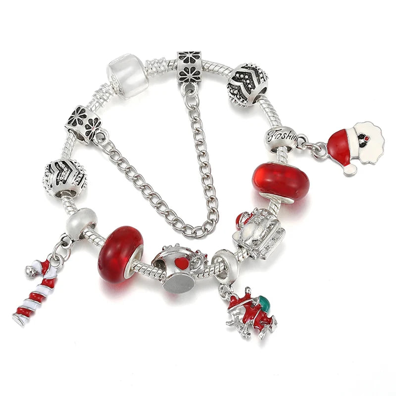 Red Santa Claus Charm Bracelet with Xmas Crutches Pendant