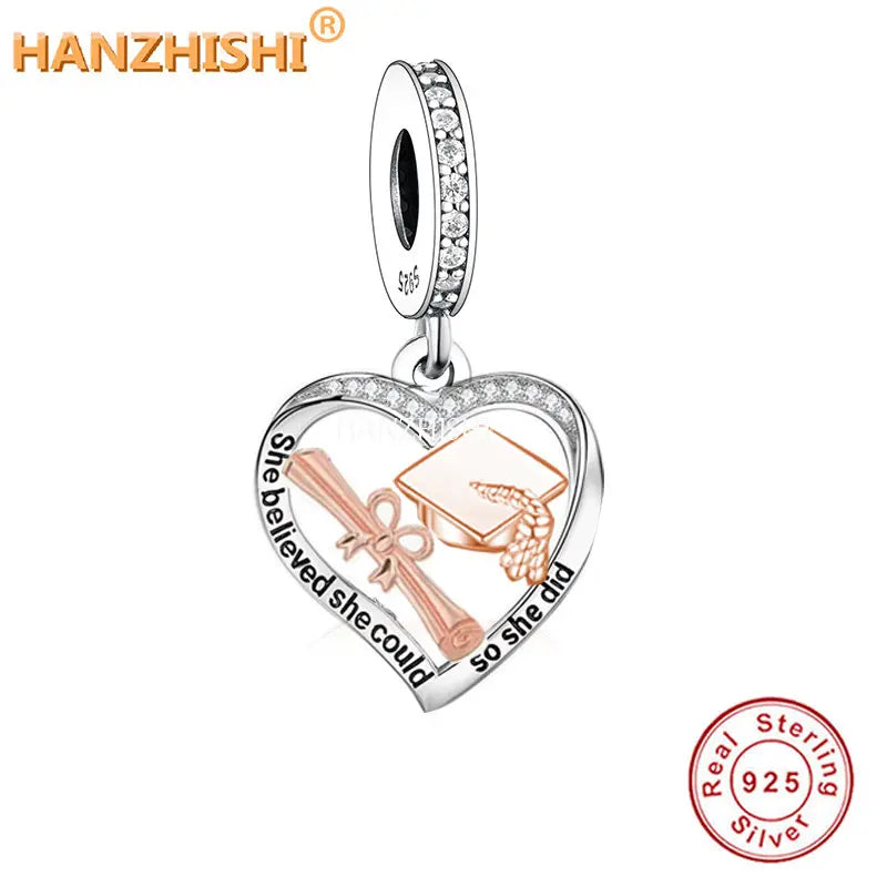 925 Silver Bachelor's Cap Dangle Beads Charms for Bracelet Necklace
