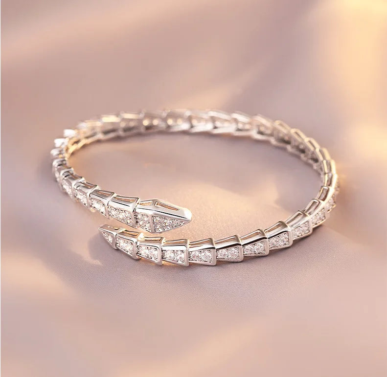 Snake Cuff Bracelet Zircon Inlaid Silver Plated Women's Bangles