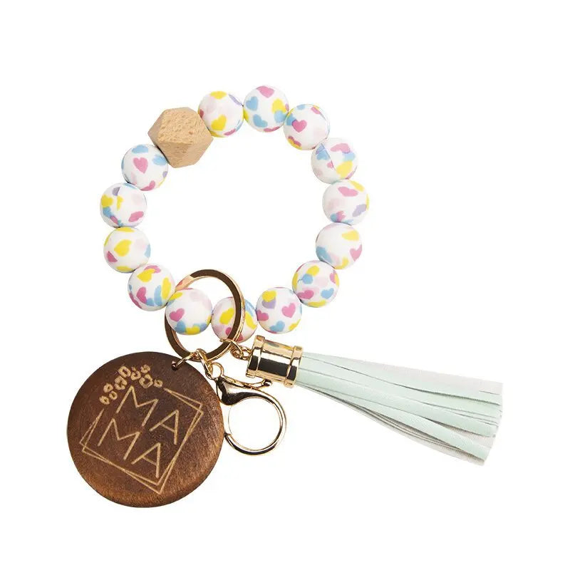 Mama Bracelet Keychain Beaded Wrist Silicone Bead Cow Wristlet Keyring