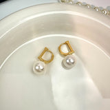 Metal D-Letter Pearl Pendant Earrings Jewelry For Women