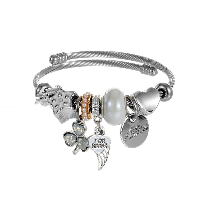 Stainless Steel Wings Charms Cable Wire Cuff Bangle