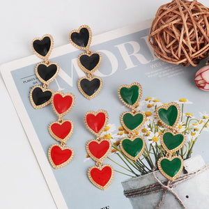Three Hearts Chain Long Dangle Earrings Red Green Heart Statement Earrings