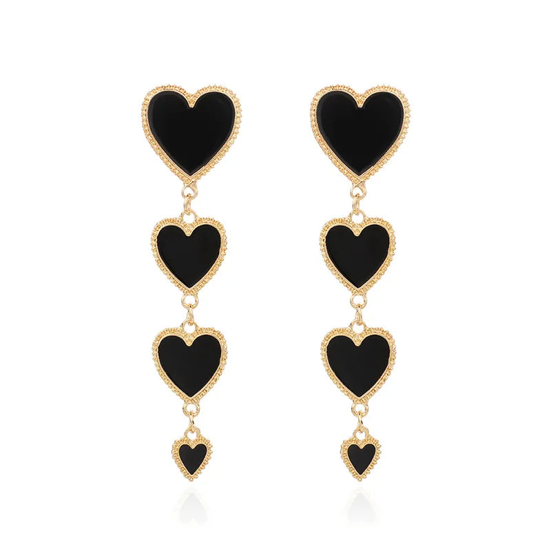 Three Hearts Chain Long Dangle Earrings Red Green Heart Statement Earrings