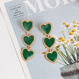 Three Hearts Chain Long Dangle Earrings Red Green Heart Statement Earrings