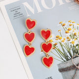 Three Hearts Chain Long Dangle Earrings Red Green Heart Statement Earrings
