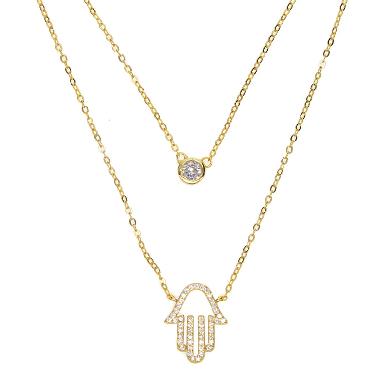 925 Silver Hamsa Hand Pendant Necklace CZ Geometric Design