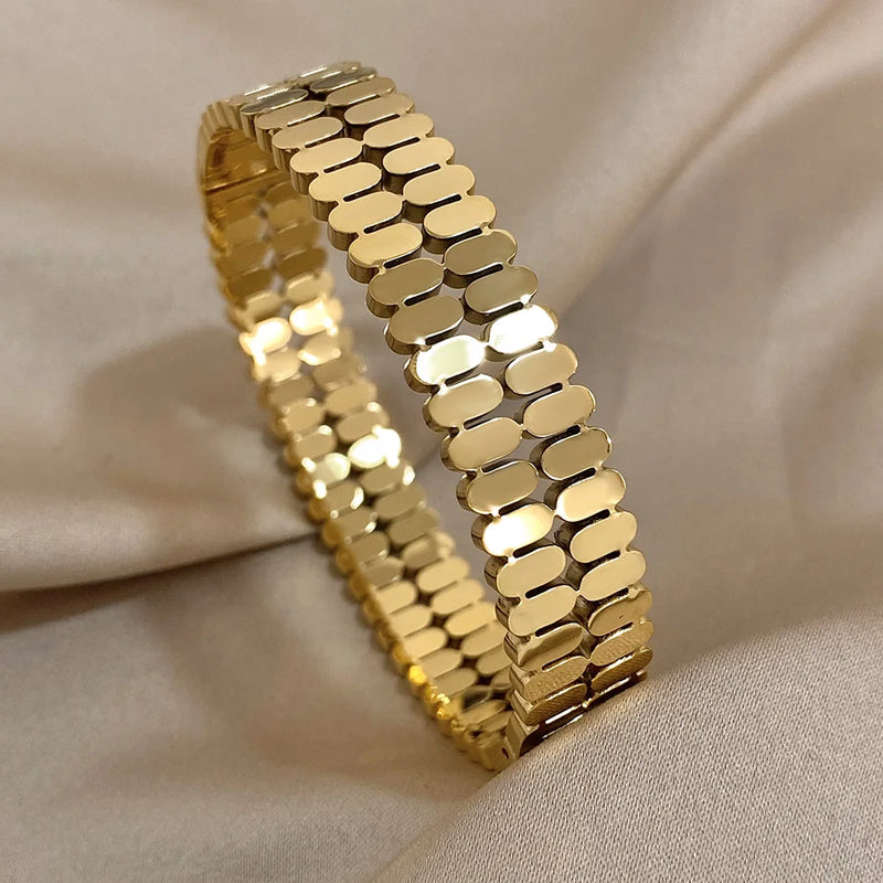 Doublelayer Oval Metal Beads Stainless Steel Bangle For Women