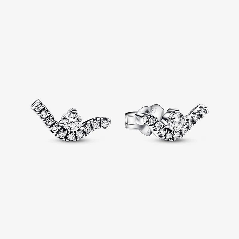 925 Silver Shining Waves Heart Diamond Earrings Romantic Gift