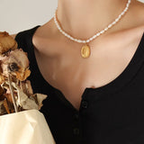 Natural Pearl Necklace Pendant 18K Stainless Steel Waterproof