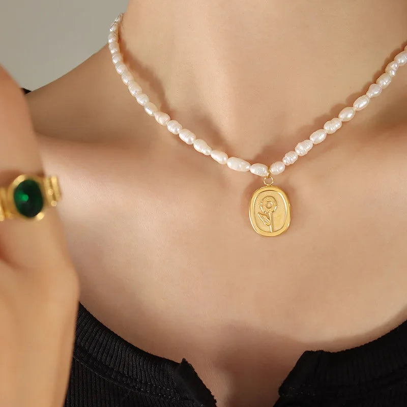 Natural Pearl Necklace Pendant 18K Stainless Steel Waterproof