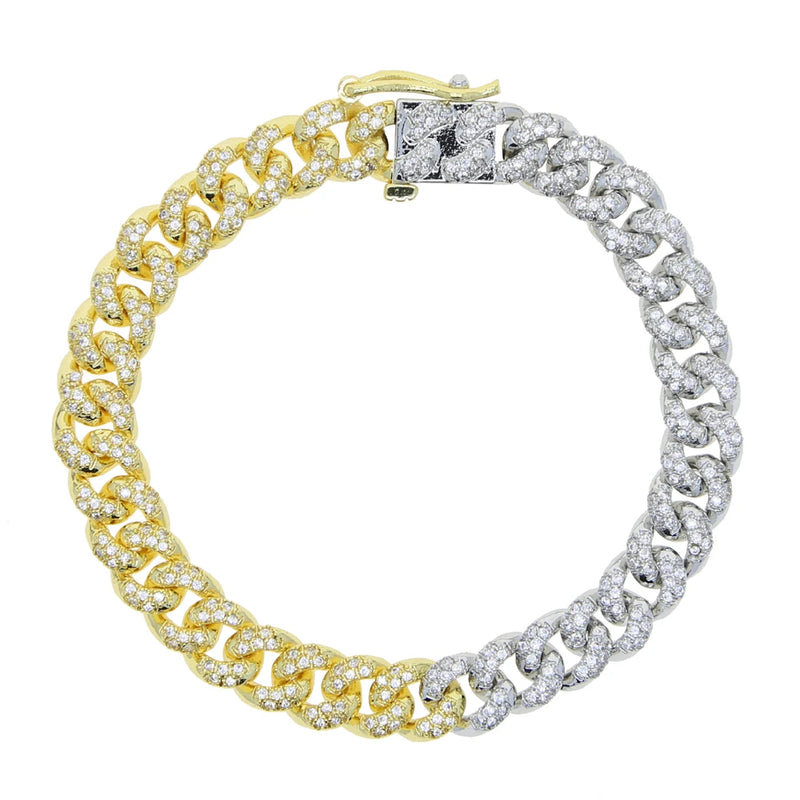 European Women Two Tone Yellow Micro Pave CZ Cuban Bracelet