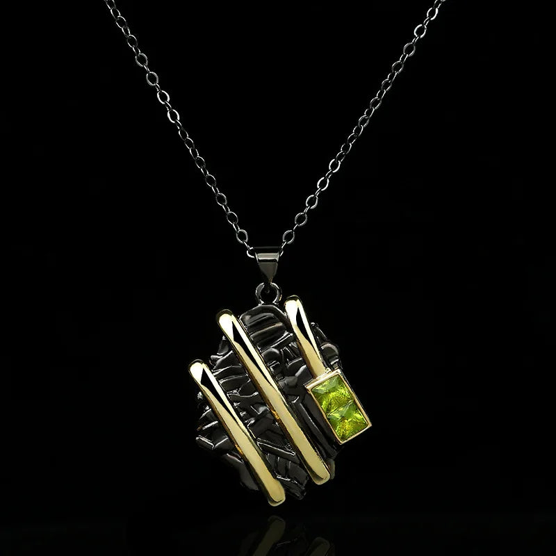 Exaggerated 2-tone Pendant Necklace Retro Green Zircon Jewelry