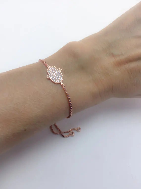 CZ Mother Of Clear Cz Paved Hamsa Hand 925 Sterling Silver Bracelet