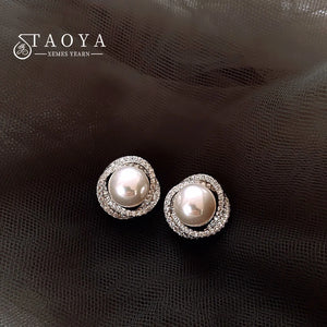 Geometric Spiral Silver Pearl Zircon Stud Earrings Jewelry for Women