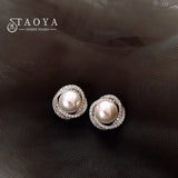 Geometric Spiral Silver Pearl Zircon Stud Earrings Jewelry for Women