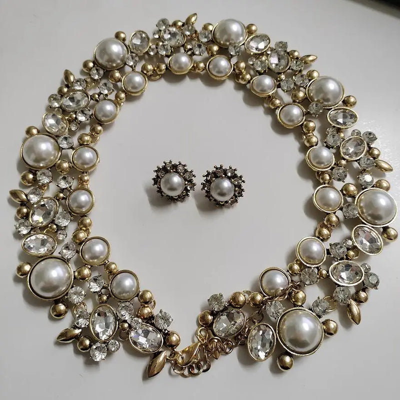 Faux Pearl Crystal Statement Large Collar Choker Necklace Women