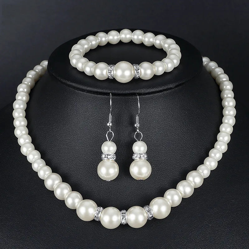 Pearl Jewelry Set Necklace Earrings Bracelets for Women's Party Wedding