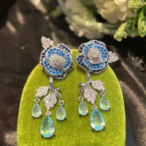 S925 Silver Earring Women Delicate Flower Full Diamond Zircon Camellia Gift