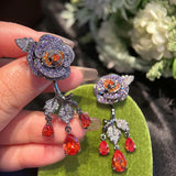 S925 Silver Earring Women Delicate Flower Full Diamond Zircon Camellia Gift