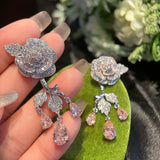 S925 Silver Earring Women Delicate Flower Full Diamond Zircon Camellia Gift