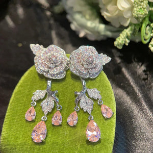 S925 Silver Earring Women Delicate Flower Full Diamond Zircon Camellia Gift