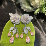 S925 Silver Earring Women Delicate Flower Full Diamond Zircon Camellia Gift