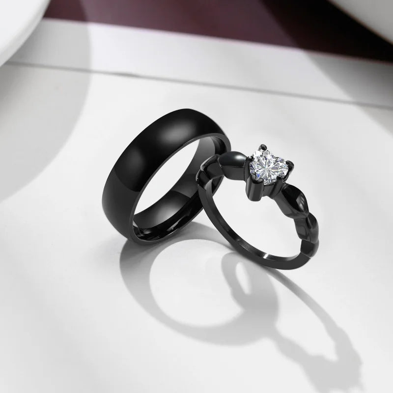 Romantic Heart Stone Couple Wedding Rings for Women Men Punk Vintage Bands