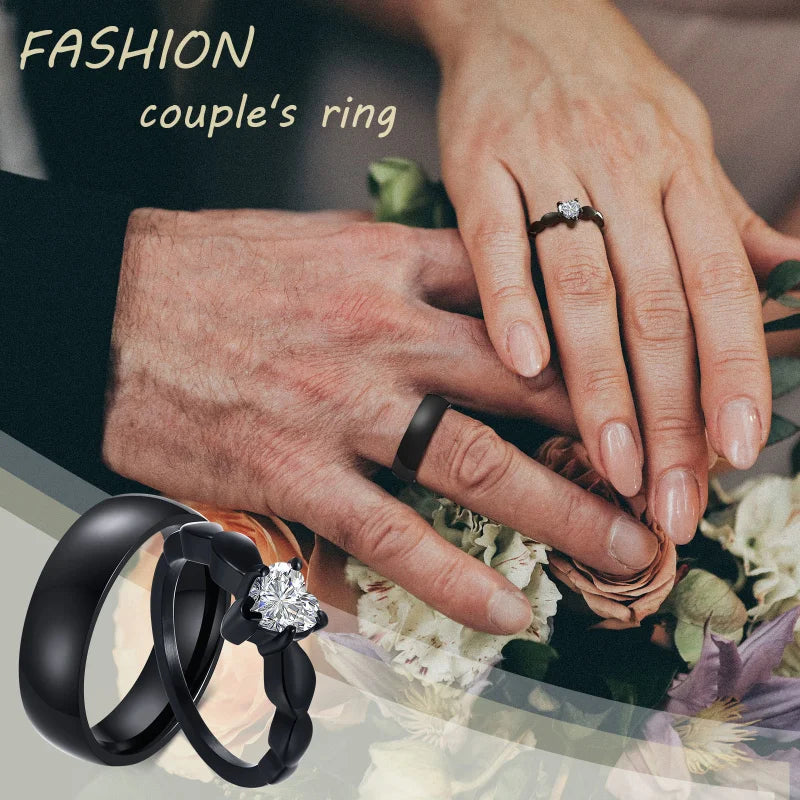 Romantic Heart Stone Couple Wedding Rings for Women Men Punk Vintage Bands
