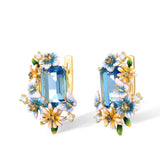 Sea Topaz 925 Silver Earrings 18K Butterfly Flower Enamel Jewelry