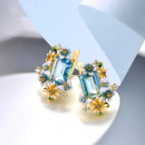 Sea Topaz 925 Silver Earrings 18K Butterfly Flower Enamel Jewelry