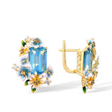 Sea Topaz 925 Silver Earrings 18K Butterfly Flower Enamel Jewelry