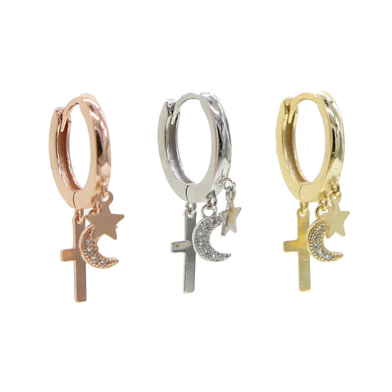 925 Silver Cross Star Moon Cz Drop Earrings Women Party Jewelry