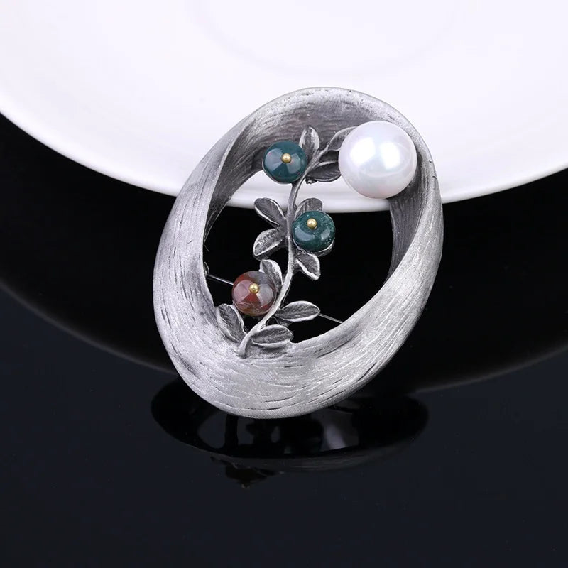 Vintage Oval Pearl Brooch Scarf Buckle for Women Party