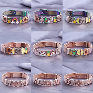 Feather Sunflower Avocado Slide Charm Bracelet Stainless Steel Mesh Bangle