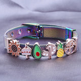 Feather Sunflower Avocado Slide Charm Bracelet Stainless Steel Mesh Bangle