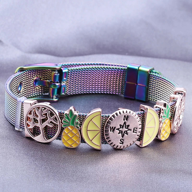 Feather Sunflower Avocado Slide Charm Bracelet Stainless Steel Mesh Bangle