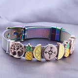 Feather Sunflower Avocado Slide Charm Bracelet Stainless Steel Mesh Bangle