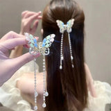 Butterfly Pearl Tassel Hair Claw Rhinestone Clip