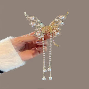 Butterfly Pearl Tassel Hair Claw Rhinestone Clip