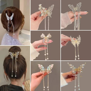 Butterfly Pearl Tassel Hair Claw Rhinestone Clip