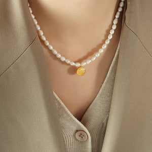 Girls Coin Pendant Necklace Natural Pearl Plated Baroque Small Pendant