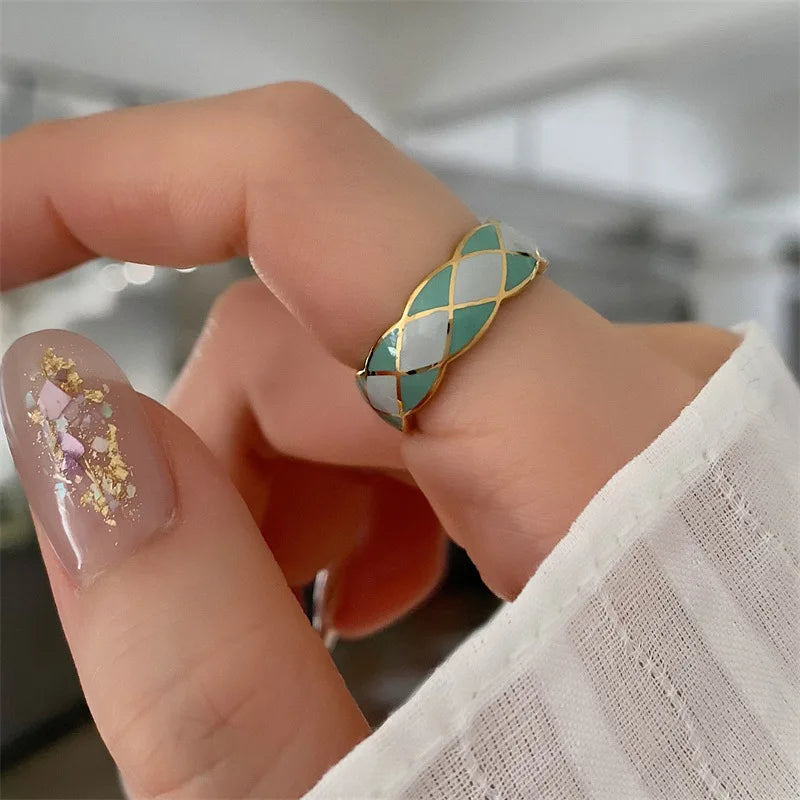 Green Rhombus Enamel Ring Stainless Steel Jewelry