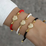 Colorful Rope Charm Bracelet Women Pave Zirconia Heart Adjustable Bracelet