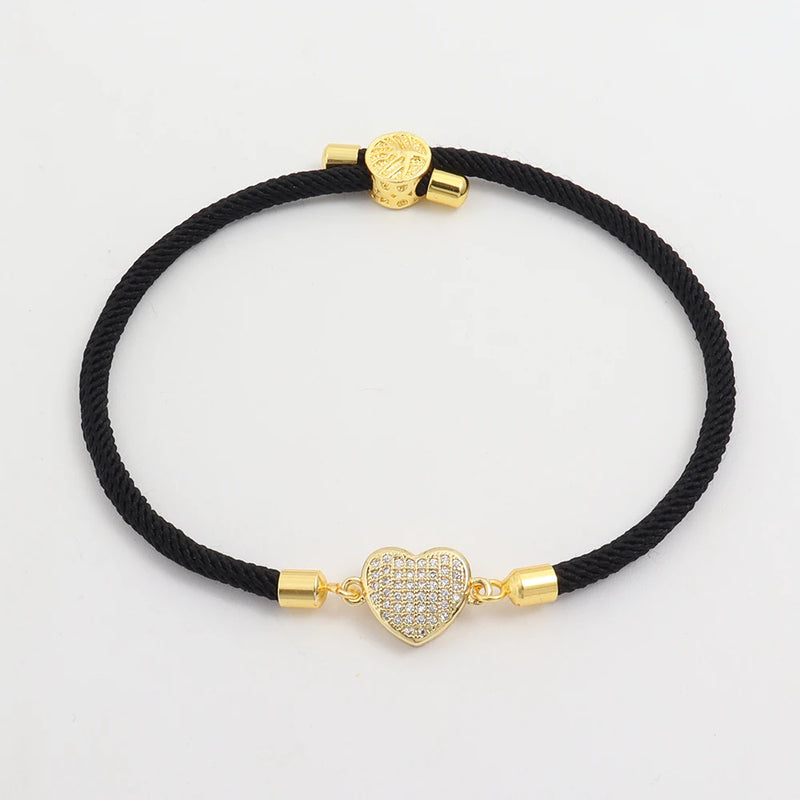 Colorful Rope Charm Bracelet Women Pave Zirconia Heart Adjustable Bracelet