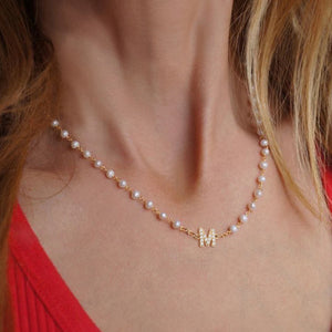 Hot Pearl Chain Initial Necklace A-Z Letter Pendant Necklace