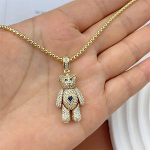 CZ Teddy Chunky Crystal Bear Heart Charms Women Necklace